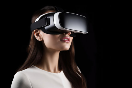 Young woman using virtual reality googles, VR, future gadgets, technology, virtual event, education, learning, Portrait of modern girl using vr glasses over black backgroundの素材
