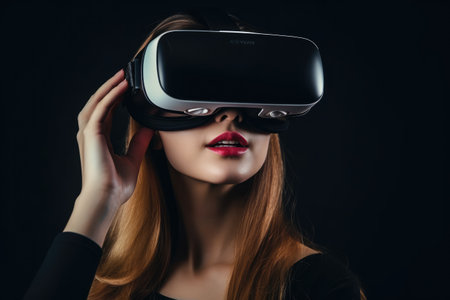 beautiful young woman wearing virtual reality googles. virtual reality headset, VR, future gadgets, technology, virtual event, education, learning, video game, black backgroundの素材