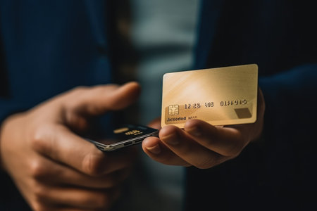 Close-up of a man holding a credit card. Credit card payment conceptの素材