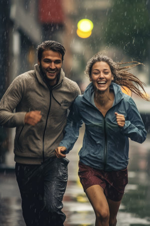 Young couple running together in the rain. They are wearing sportswear.の素材
