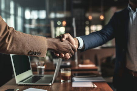 Close up of business people shaking hands while sitting at table in officeの素材