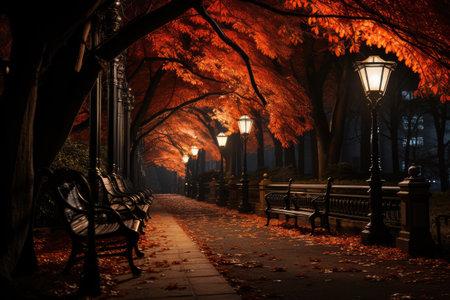 Bench in the park at night with lanterns and fall red leaves. Autumn romantic viewの素材