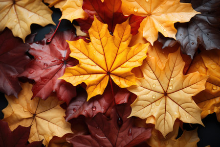 Colorful autumn leaves on black background, top view. foliage Space for textの素材