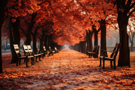 Autumn alley in the park with benches and red and orange fallen leaves. Autumn scenic viewの素材