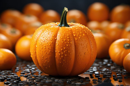 Fresh orange pumpkins with water drops on wooden table, closeup, Autumn and Halloween still life. Selective focus.の素材