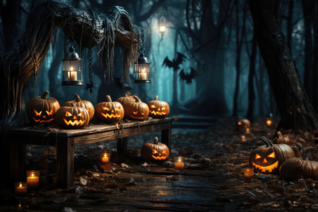 Halloween background with pumpkins, spiders and lanterns and bats in the forestの素材