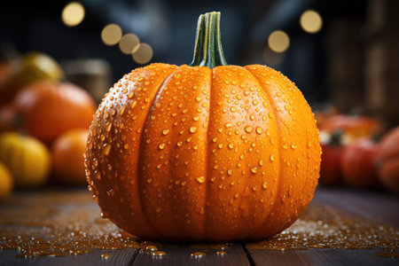 Pumpkin with water droplets on a wooden background. Autumn still life.の素材