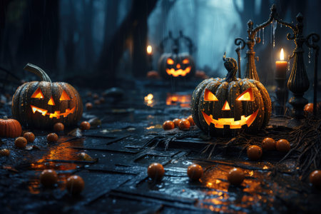 Halloween pumpkins with scary faces and candles in dark spooky forestの素材