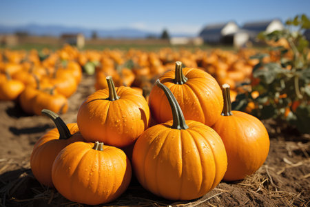 Pumpkin patch on sunny Autumn day. Colorful pumpkins on the field.の素材
