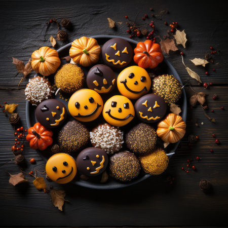 Halloween chocolate candies with pumpkins and autumn leaves on black wooden backgroundの素材