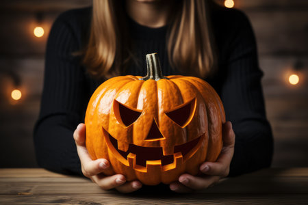 Carved Halloween pumpkin in the hands of a girl on wooden background. jack-o-lanternの素材