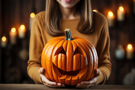 Halloween carved pumpkin in the hands of a girl in a brown sweaterの素材