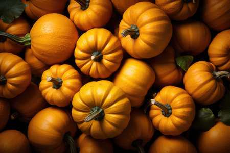 Pile of pumpkins background. Close up of pumpkins. Autumn harvest. Halloween backgroundの素材