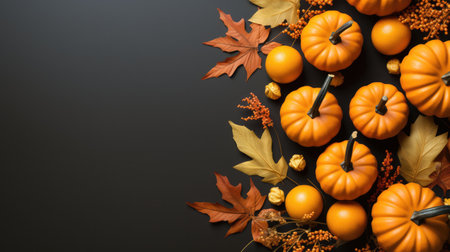 Autumn background with pumpkins, leaves and berries on black backgroundの素材