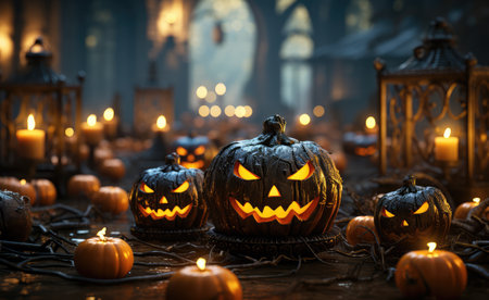 Halloween background with pumpkins and candles on dark wooden table in a haunted houseの素材
