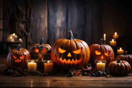 Halloween glowing pumpkins jack-o-lantern with candles on wooden background. Halloween concept backgroundの素材