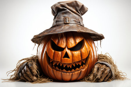 Halloween pumpkin with scarecrow hat on white background. studio shot.の素材