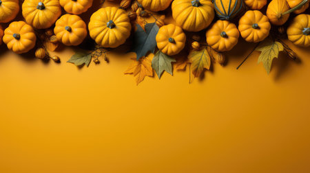 Autumn composition with pumpkins and leaves on yellow background. Flat lay, top view, copy spaceの素材