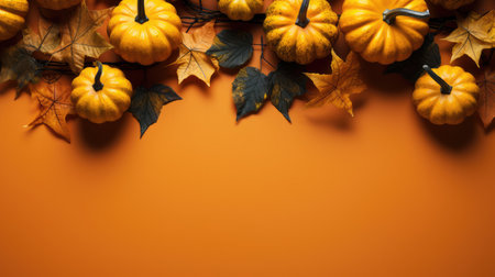 Halloween pumpkins and autumn leaves on orange background with copy spaceの素材