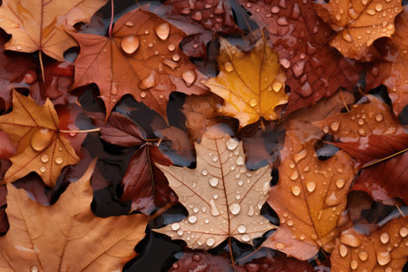 Autumn leaves with water drops, top view. natural background.の素材