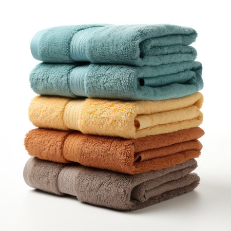 Colorful towels on a white background. clean Towels in stack. clean laundry conceptの素材
