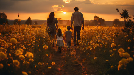 Happy family walking in the field at sunset. Mother, father and children having fun outdoors.の素材