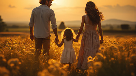 Happy family walking in the field at sunset. Mother, father and daughter having fun outdoors.の素材