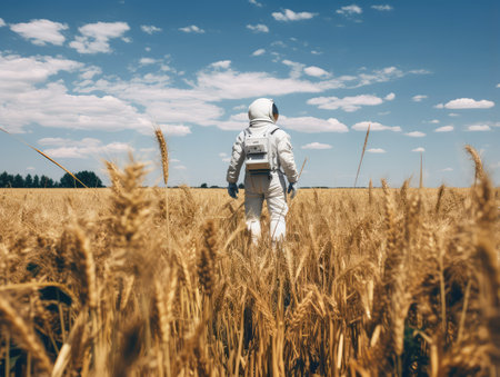 Astronaut in a white spacesuit on the background of a wheat field.の素材