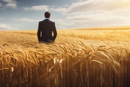 Rear view of businessman alone in suit looking at wheat field at sunset, business concept, enterprise concept, introspective imageの素材