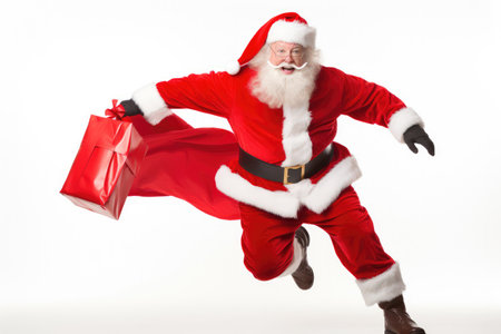 Santa Claus is jumping with a bag of gifts on a white backgroundの素材