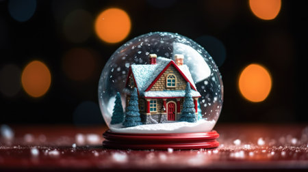 Snow globe with house and christmas tree on bokeh backgroundの素材