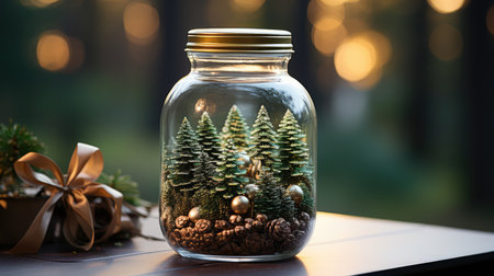 Glass jar with christmas tree decoration on table with bokeh backgroundの素材