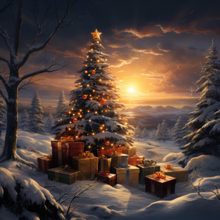 Christmas tree with gifts in the winter forest at sunset. 3d illustrationの素材