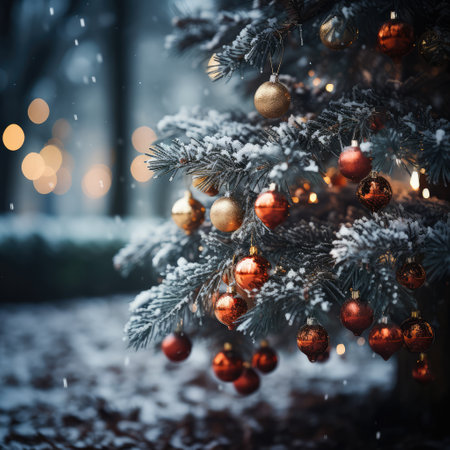 Christmas tree with red and golden balls in snowfall. Winter holiday backgroundの素材