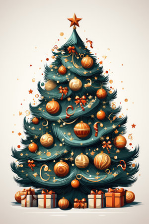 Decorated Christmas tree with ornaments. Vector illustration.の素材