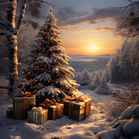Winter landscape with Christmas tree and gifts on a background of the sunsetの素材
