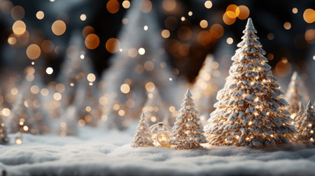 Christmas background with snowy fir trees and golden bokeh lights.の素材
