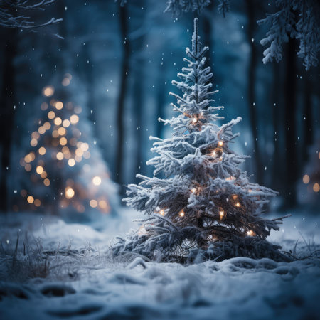 Christmas tree in the winter forest. Christmas and New Year background.の素材
