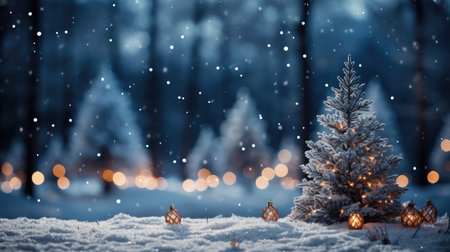 Christmas and New Year background with snowy fir tree and bokeh lightsの素材