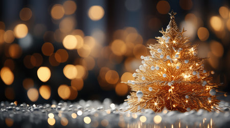 Golden Christmas tree on bokeh background. 3D illustration.の素材