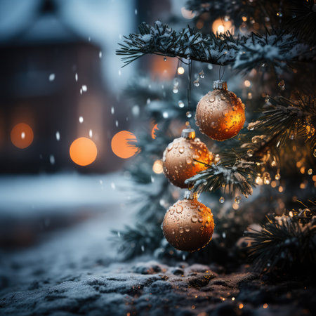 Christmas tree with decorations on snow and bokeh lights background.の素材