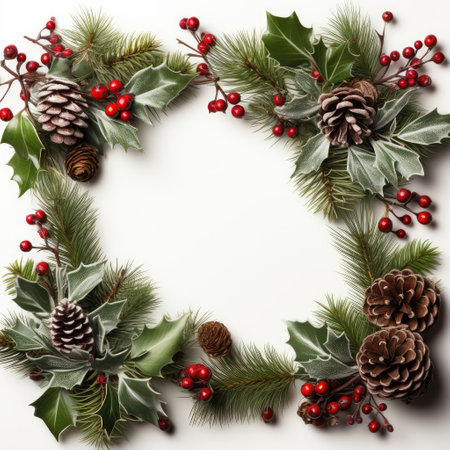 Christmas wreath with pine cones and holly berries on white backgroundの素材
