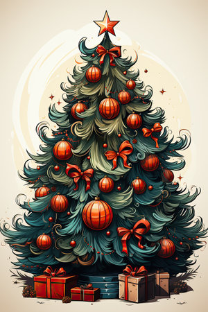 Christmas tree with gifts and ornaments. Vector illustration in retro style.の素材