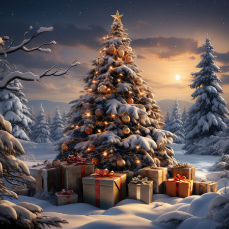 Christmas tree and gift boxes in the winter forest. 3d illustrationの素材