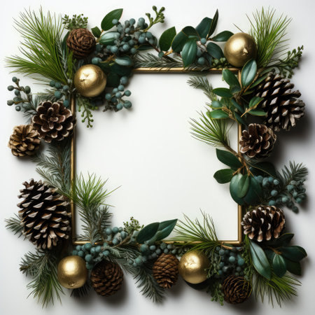 Christmas wreath on white background. Flat lay, top view.の素材
