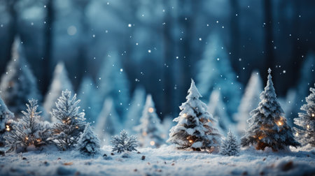Winter landscape with snow covered trees and fairy lights. Christmas background.の素材