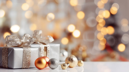 Beautiful Christmas gifts and bokeh lights on background, closeupの素材