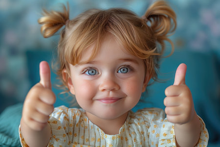 Cute little girl with blond hair and blue eyes showing thumbs upの素材