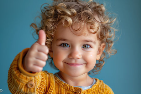Cute little girl with blond curly hair showing thumbs up gesture.の素材