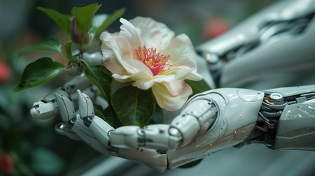 Close up of a robot hand holding a hibiscus flowerの素材
